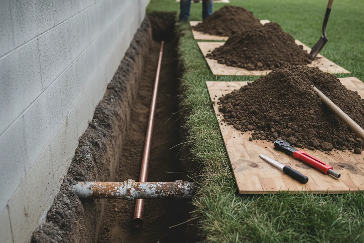 Excavated water line trench during Water Softener Installation in Genoa City